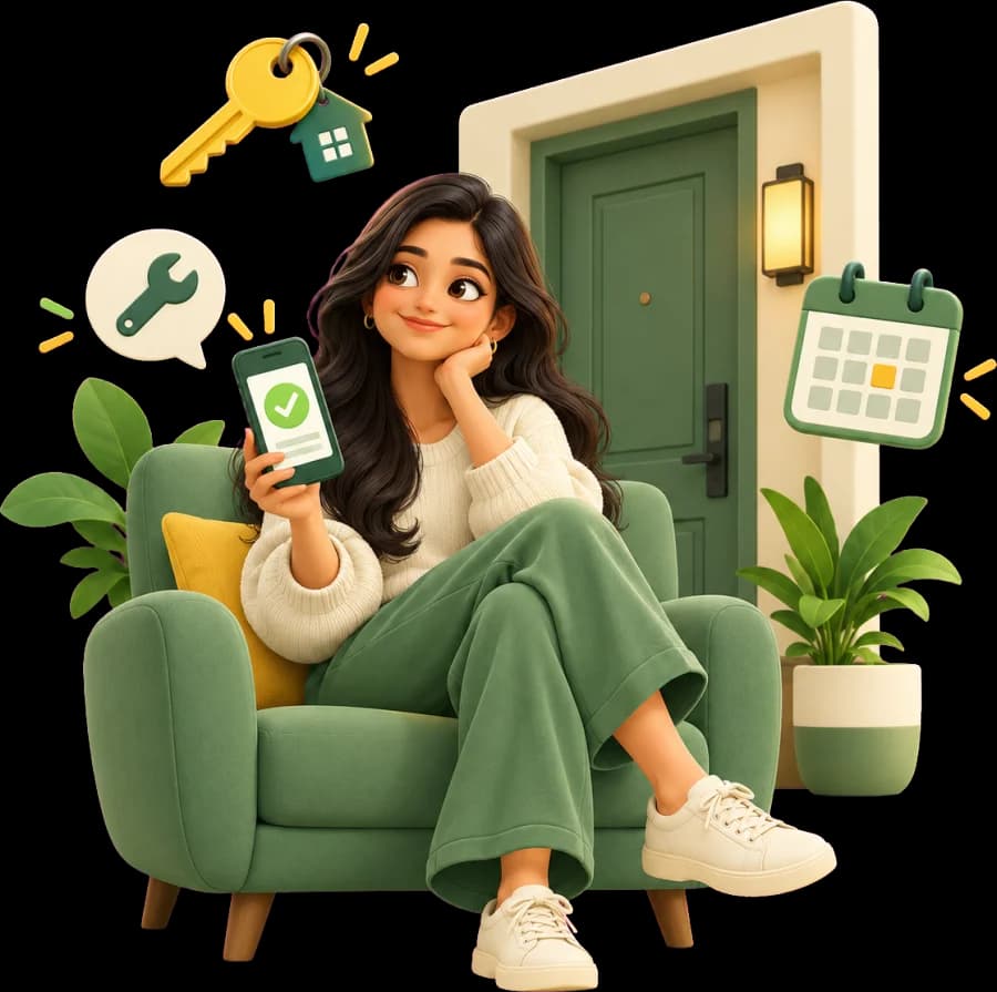 Tenant relaxing at home after paying rent on her phone